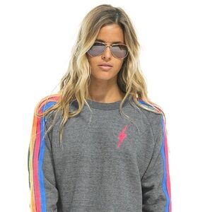 Aviator Nation Crew Sweatshirt with Neon Rainbow Stripes